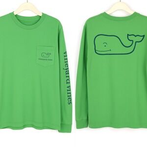 VTG Vineyard Vines Mens Long Sleeve Green Blue Whale Graphic Cotton Tee Prep Y2K